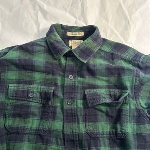 LL Bean Mens Vintage Chamois Flannel Shirt Traditional Fit Green‎ Navy Plaid M